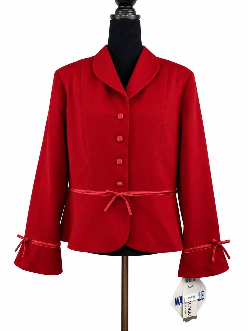 NWT Vintage Y2K Danny & Nicole Red Satin Bow Detail Blazer Suit Jacket Size 14